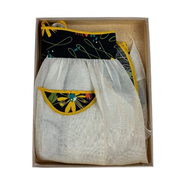 Vintage Accessories - Vintage 50s Sheer Half Apron Floral Print Curved Hem In Original Abraham & Strau